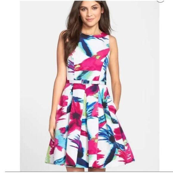 Eliza J Womens size 10 P Floral Bird Dress Belted Tulle Lined Cutout Fit & Flare - Picture 2 of 15